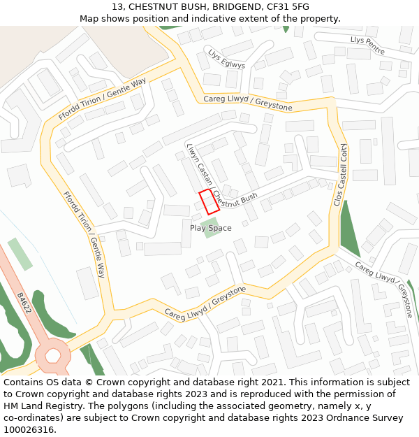 13, CHESTNUT BUSH, BRIDGEND, CF31 5FG: Location map and indicative extent of plot