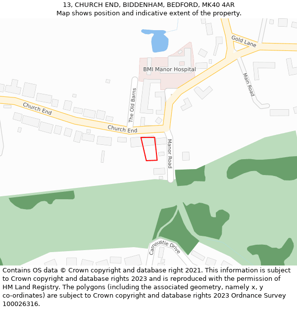 13, CHURCH END, BIDDENHAM, BEDFORD, MK40 4AR: Location map and indicative extent of plot