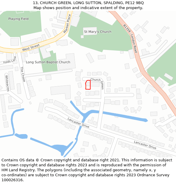 13, CHURCH GREEN, LONG SUTTON, SPALDING, PE12 9BQ: Location map and indicative extent of plot