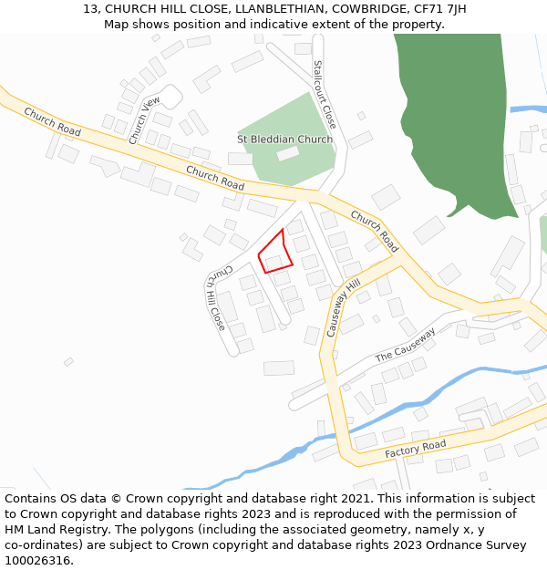 13, CHURCH HILL CLOSE, LLANBLETHIAN, COWBRIDGE, CF71 7JH: Location map and indicative extent of plot