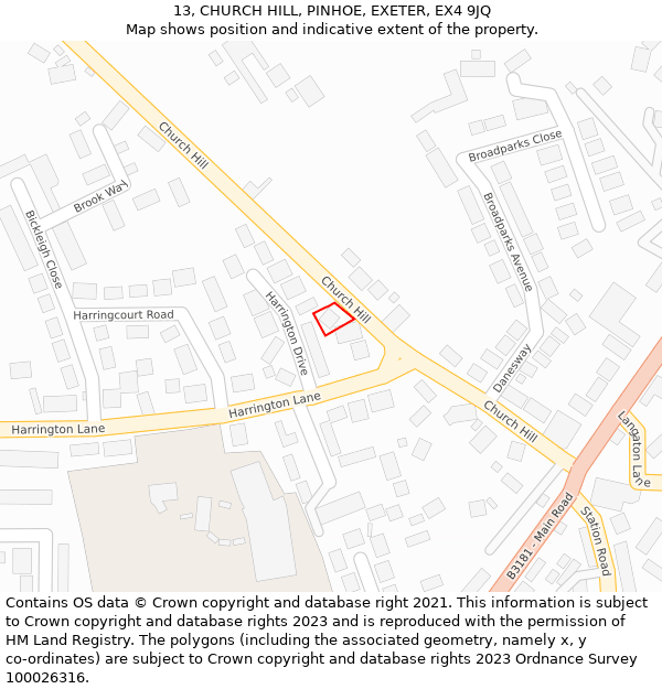 13, CHURCH HILL, PINHOE, EXETER, EX4 9JQ: Location map and indicative extent of plot