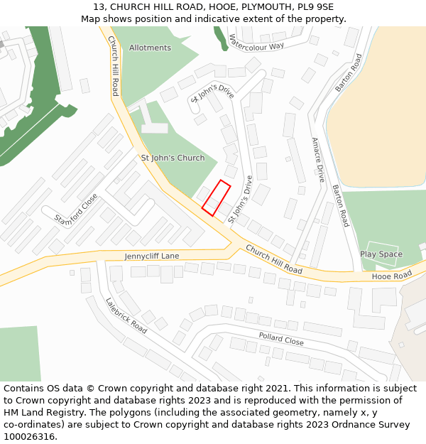 13, CHURCH HILL ROAD, HOOE, PLYMOUTH, PL9 9SE: Location map and indicative extent of plot