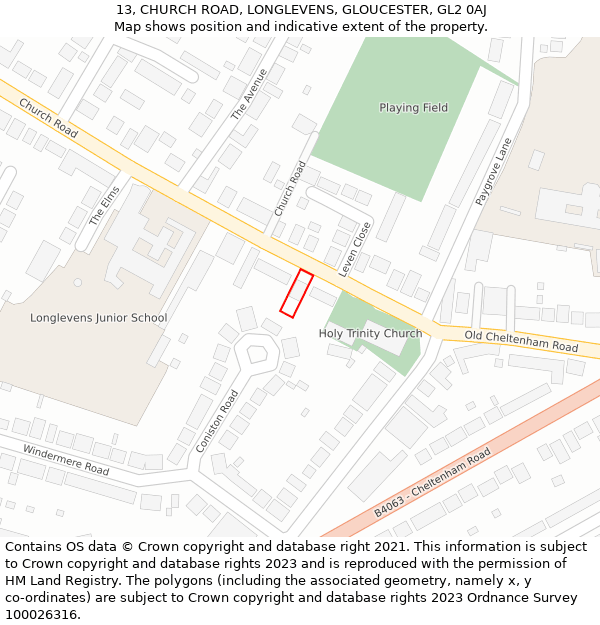 13, CHURCH ROAD, LONGLEVENS, GLOUCESTER, GL2 0AJ: Location map and indicative extent of plot