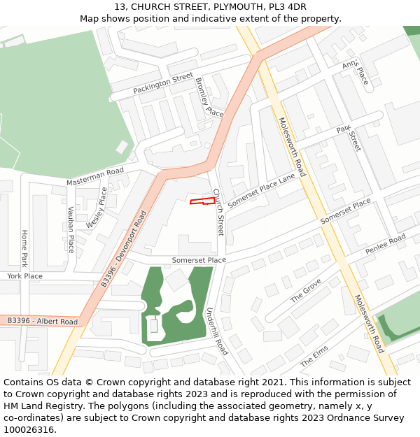 13, CHURCH STREET, PLYMOUTH, PL3 4DR: Location map and indicative extent of plot