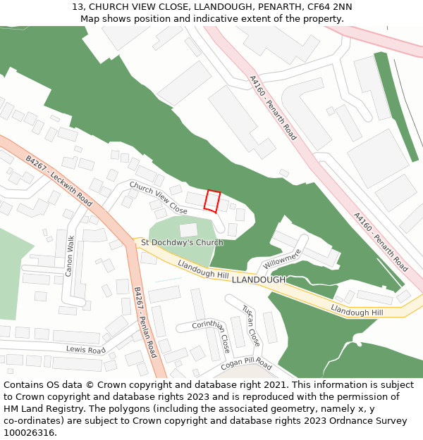 13, CHURCH VIEW CLOSE, LLANDOUGH, PENARTH, CF64 2NN: Location map and indicative extent of plot