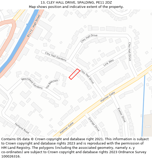 13, CLEY HALL DRIVE, SPALDING, PE11 2DZ: Location map and indicative extent of plot