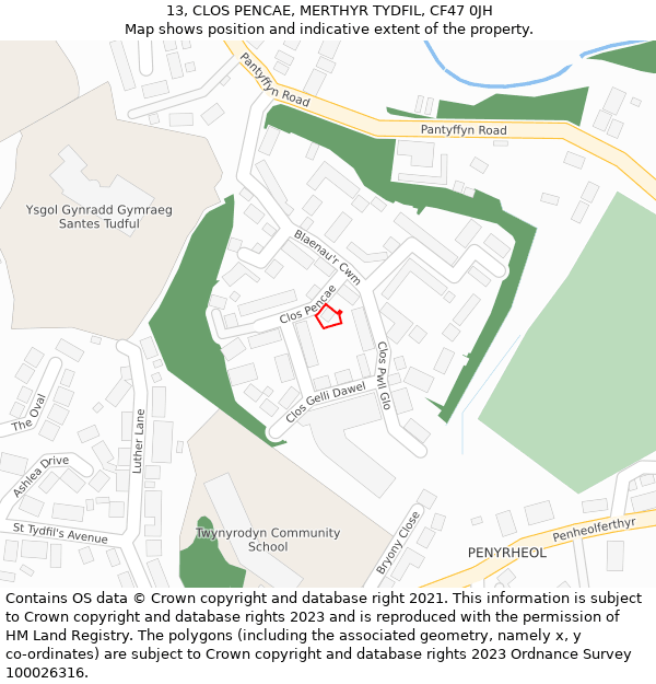 13, CLOS PENCAE, MERTHYR TYDFIL, CF47 0JH: Location map and indicative extent of plot