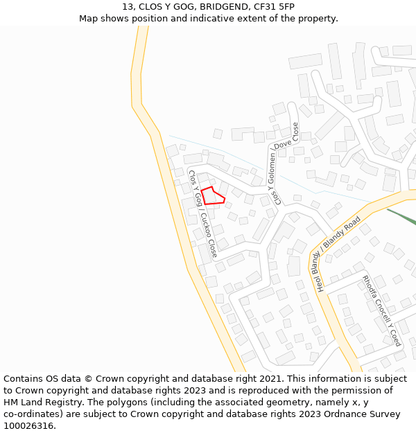 13, CLOS Y GOG, BRIDGEND, CF31 5FP: Location map and indicative extent of plot