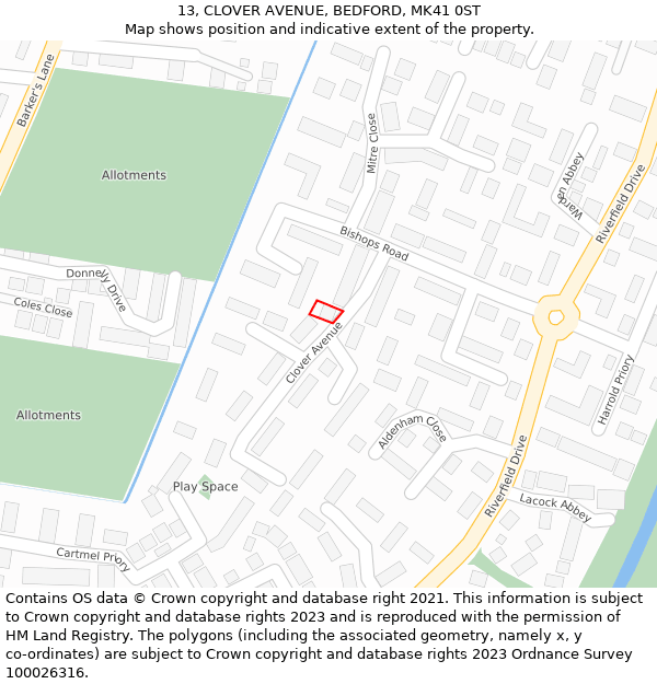 13, CLOVER AVENUE, BEDFORD, MK41 0ST: Location map and indicative extent of plot