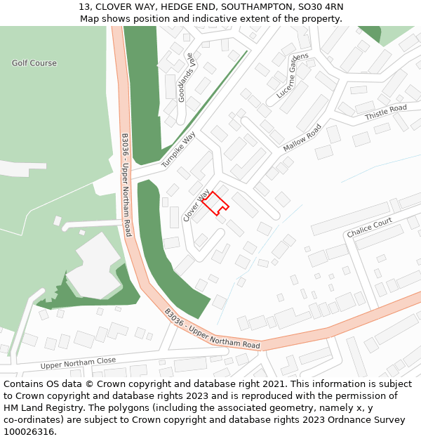 13, CLOVER WAY, HEDGE END, SOUTHAMPTON, SO30 4RN: Location map and indicative extent of plot