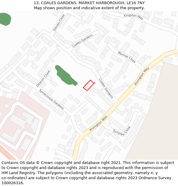 13, COALES GARDENS, MARKET HARBOROUGH, LE16 7NY: Location map and indicative extent of plot