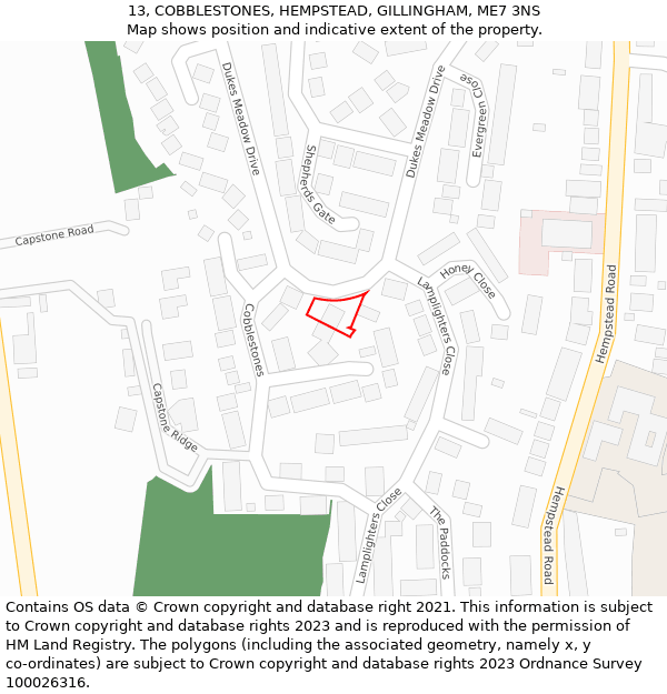 13, COBBLESTONES, HEMPSTEAD, GILLINGHAM, ME7 3NS: Location map and indicative extent of plot