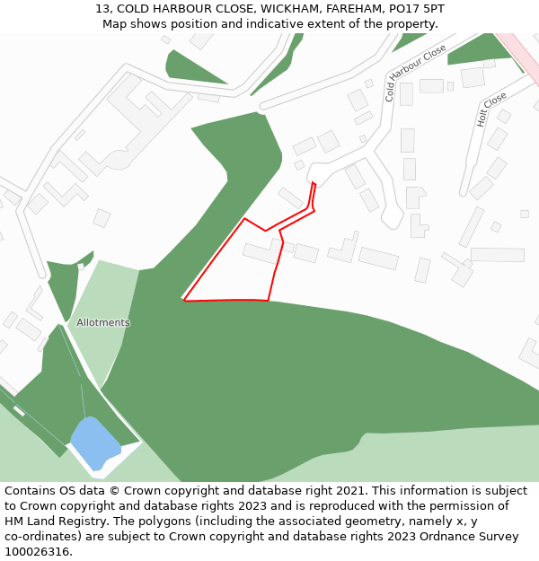 13, COLD HARBOUR CLOSE, WICKHAM, FAREHAM, PO17 5PT: Location map and indicative extent of plot