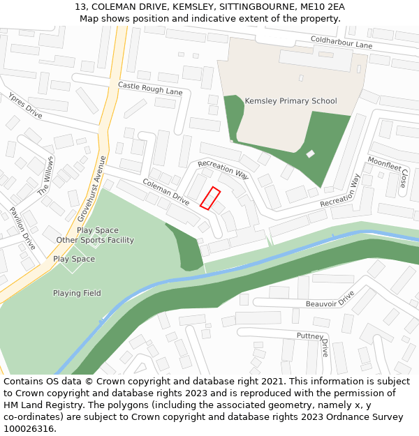 13, COLEMAN DRIVE, KEMSLEY, SITTINGBOURNE, ME10 2EA: Location map and indicative extent of plot