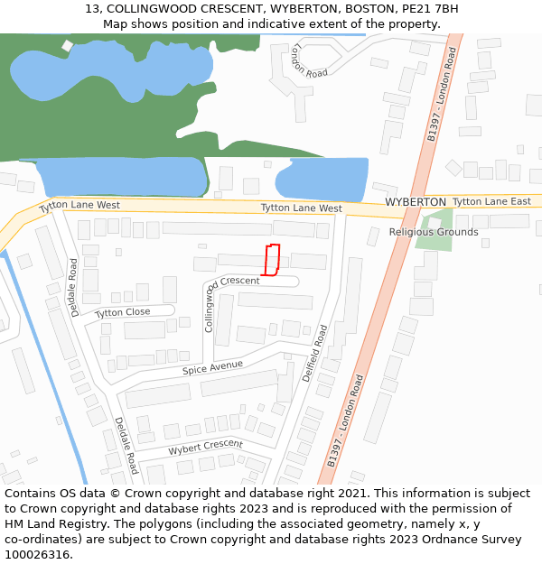 13, COLLINGWOOD CRESCENT, WYBERTON, BOSTON, PE21 7BH: Location map and indicative extent of plot