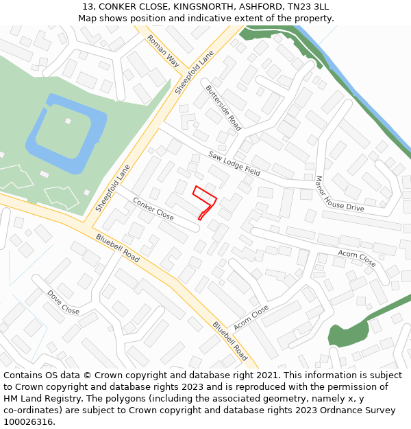 13, CONKER CLOSE, KINGSNORTH, ASHFORD, TN23 3LL: Location map and indicative extent of plot