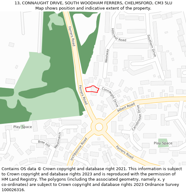 13, CONNAUGHT DRIVE, SOUTH WOODHAM FERRERS, CHELMSFORD, CM3 5LU: Location map and indicative extent of plot