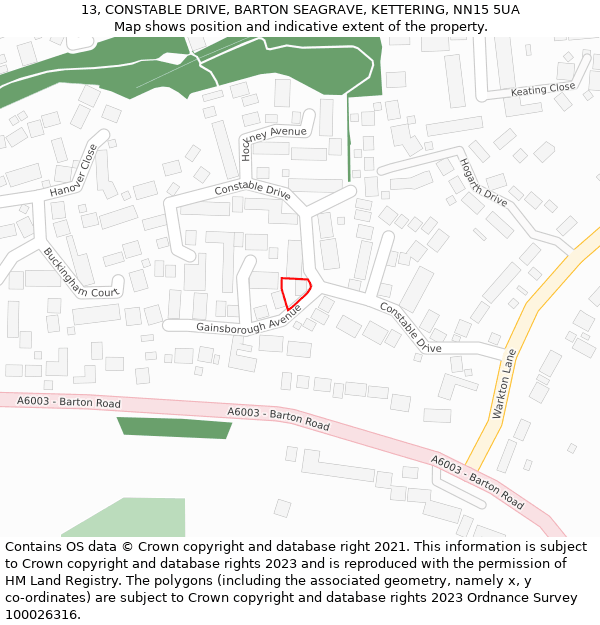 13, CONSTABLE DRIVE, BARTON SEAGRAVE, KETTERING, NN15 5UA: Location map and indicative extent of plot