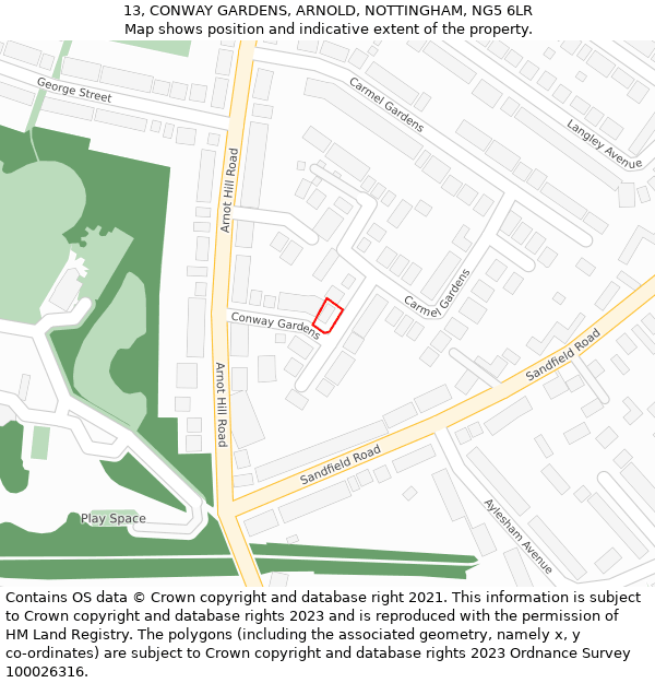 13, CONWAY GARDENS, ARNOLD, NOTTINGHAM, NG5 6LR: Location map and indicative extent of plot