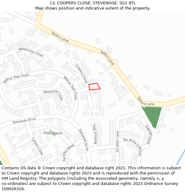 13, COOPERS CLOSE, STEVENAGE, SG2 9TL: Location map and indicative extent of plot