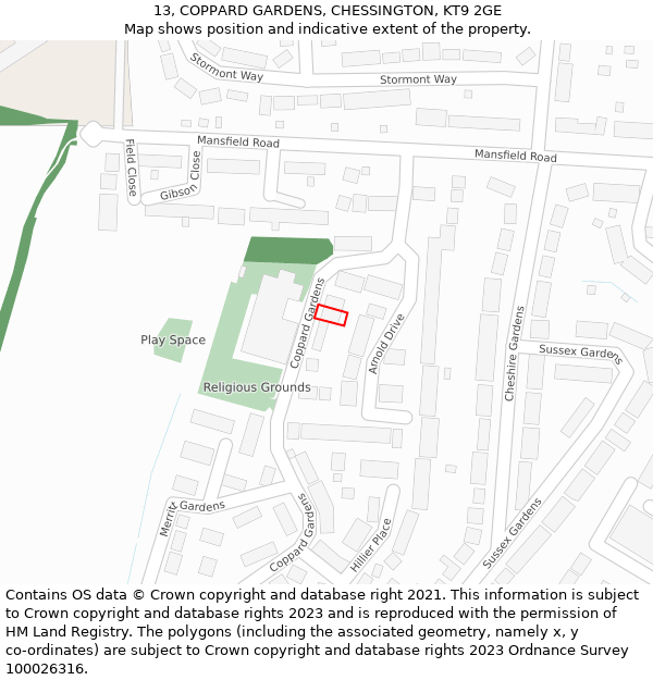 13, COPPARD GARDENS, CHESSINGTON, KT9 2GE: Location map and indicative extent of plot
