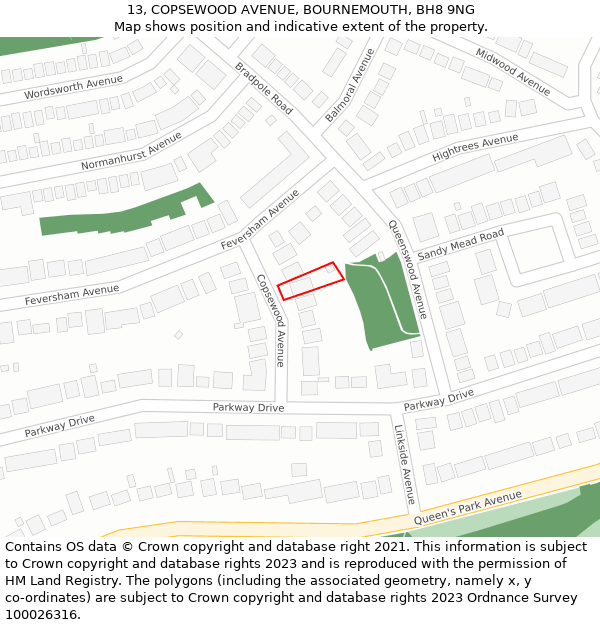 13, COPSEWOOD AVENUE, BOURNEMOUTH, BH8 9NG: Location map and indicative extent of plot