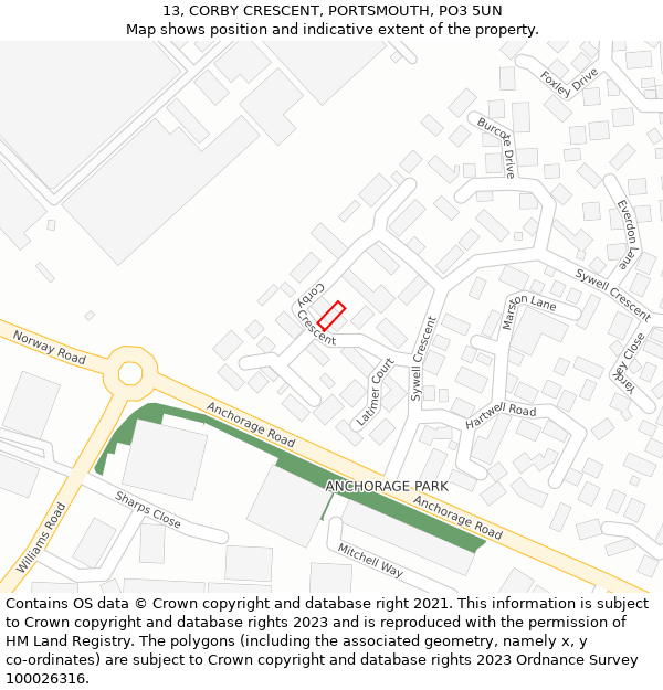 13, CORBY CRESCENT, PORTSMOUTH, PO3 5UN: Location map and indicative extent of plot