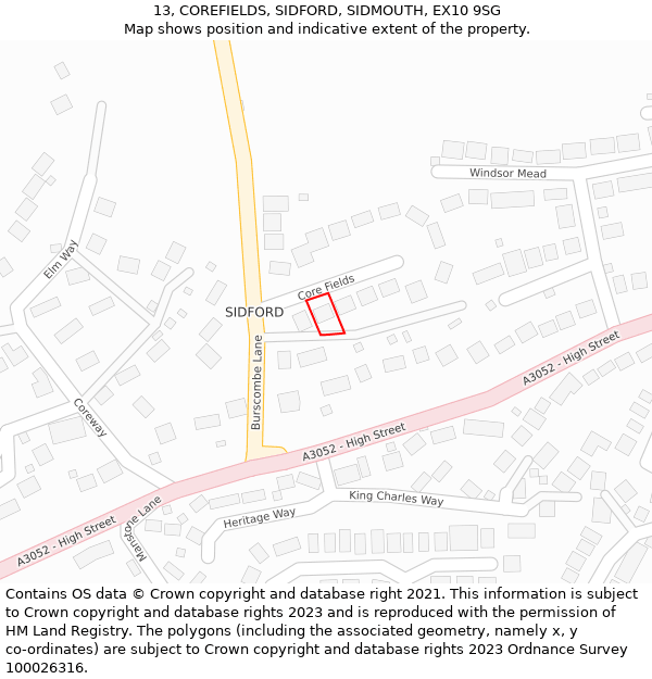 13, COREFIELDS, SIDFORD, SIDMOUTH, EX10 9SG: Location map and indicative extent of plot