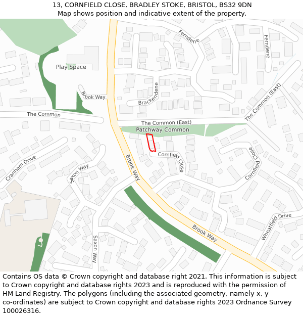 13, CORNFIELD CLOSE, BRADLEY STOKE, BRISTOL, BS32 9DN: Location map and indicative extent of plot