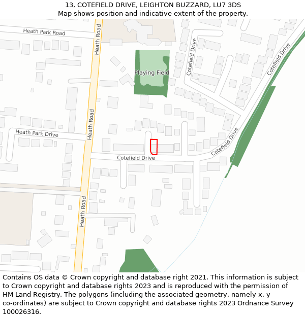 13, COTEFIELD DRIVE, LEIGHTON BUZZARD, LU7 3DS: Location map and indicative extent of plot