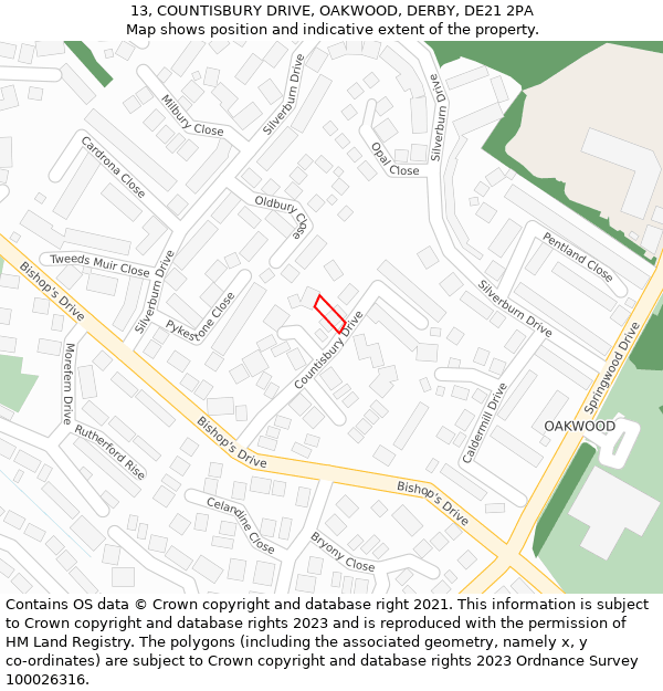 13, COUNTISBURY DRIVE, OAKWOOD, DERBY, DE21 2PA: Location map and indicative extent of plot
