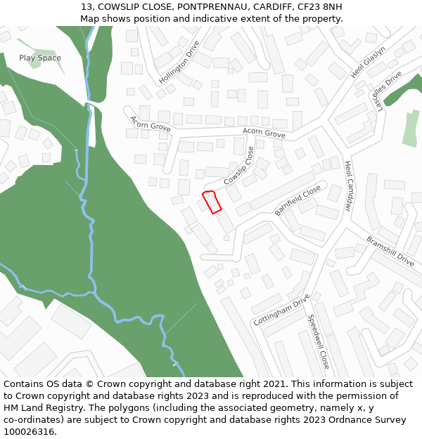 13, COWSLIP CLOSE, PONTPRENNAU, CARDIFF, CF23 8NH: Location map and indicative extent of plot