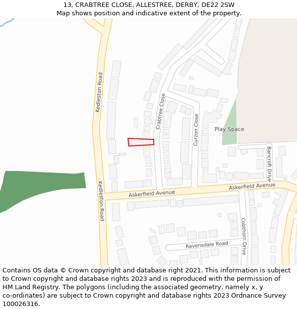 13, CRABTREE CLOSE, ALLESTREE, DERBY, DE22 2SW: Location map and indicative extent of plot