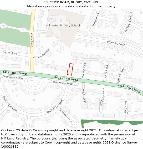 13, CRICK ROAD, RUGBY, CV21 4DU: Location map and indicative extent of plot