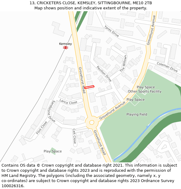 13, CRICKETERS CLOSE, KEMSLEY, SITTINGBOURNE, ME10 2TB: Location map and indicative extent of plot