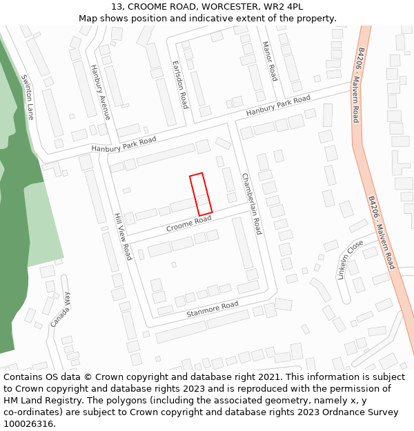 13, CROOME ROAD, WORCESTER, WR2 4PL: Location map and indicative extent of plot