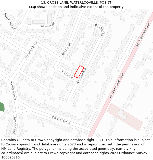 13, CROSS LANE, WATERLOOVILLE, PO8 9TJ: Location map and indicative extent of plot