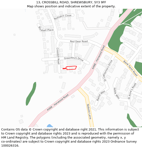 13, CROSSBILL ROAD, SHREWSBURY, SY3 9FF: Location map and indicative extent of plot