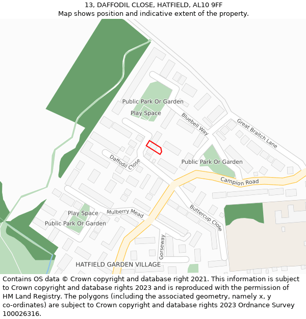 13, DAFFODIL CLOSE, HATFIELD, AL10 9FF: Location map and indicative extent of plot