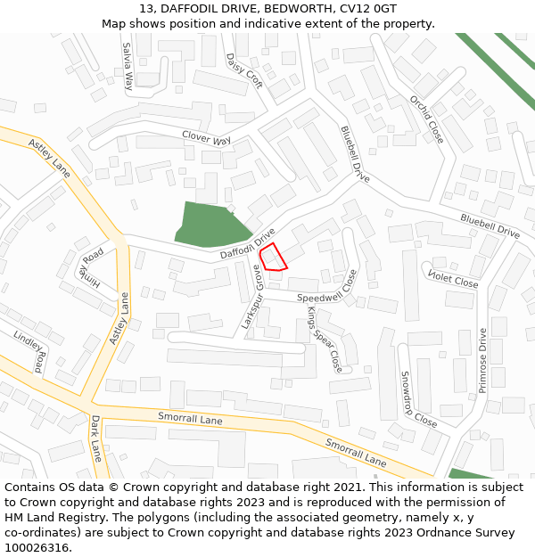 13, DAFFODIL DRIVE, BEDWORTH, CV12 0GT: Location map and indicative extent of plot