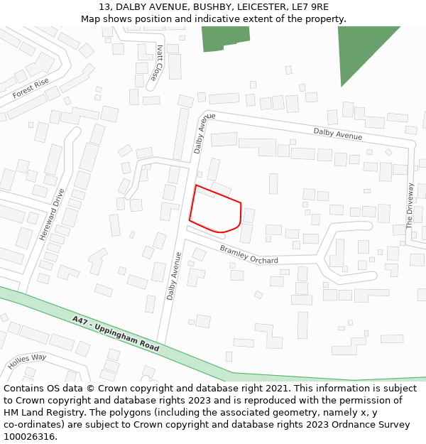 13, DALBY AVENUE, BUSHBY, LEICESTER, LE7 9RE: Location map and indicative extent of plot