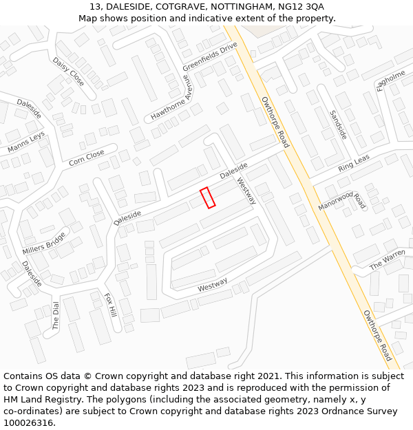 13, DALESIDE, COTGRAVE, NOTTINGHAM, NG12 3QA: Location map and indicative extent of plot