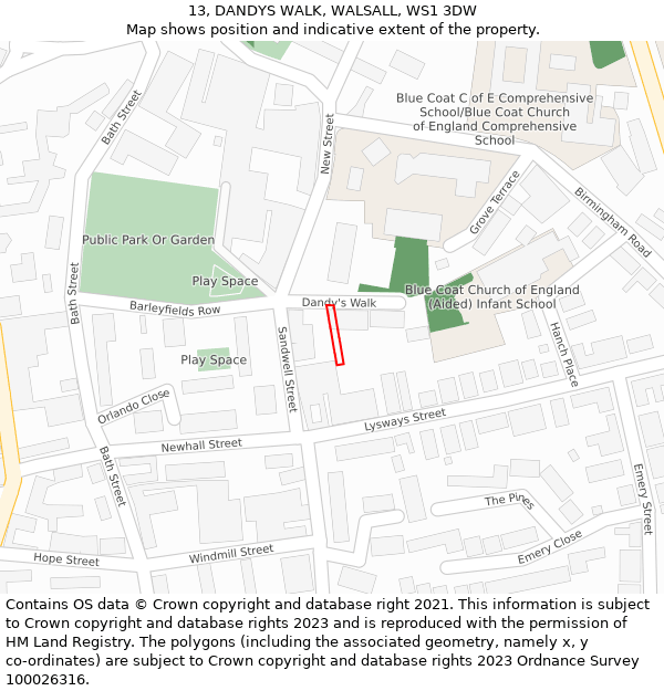 13, DANDYS WALK, WALSALL, WS1 3DW: Location map and indicative extent of plot