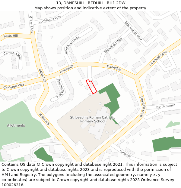 13, DANESHILL, REDHILL, RH1 2DW: Location map and indicative extent of plot