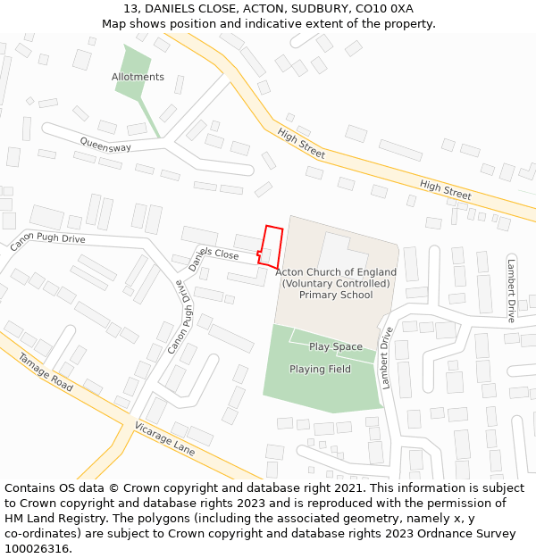 13, DANIELS CLOSE, ACTON, SUDBURY, CO10 0XA: Location map and indicative extent of plot