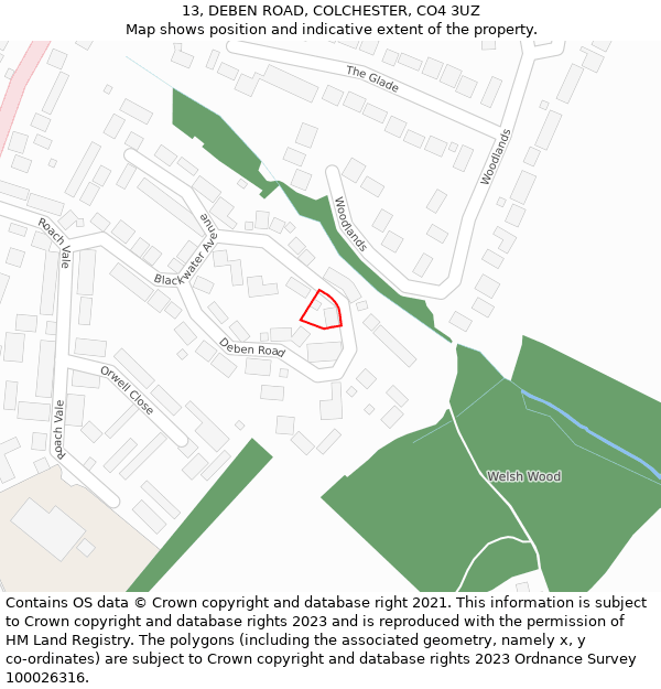 13, DEBEN ROAD, COLCHESTER, CO4 3UZ: Location map and indicative extent of plot