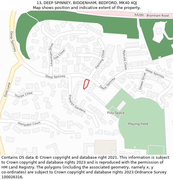 13, DEEP SPINNEY, BIDDENHAM, BEDFORD, MK40 4QJ: Location map and indicative extent of plot