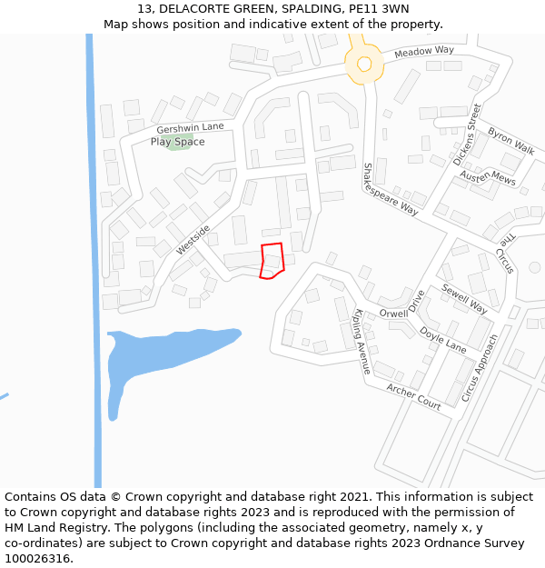 13, DELACORTE GREEN, SPALDING, PE11 3WN: Location map and indicative extent of plot