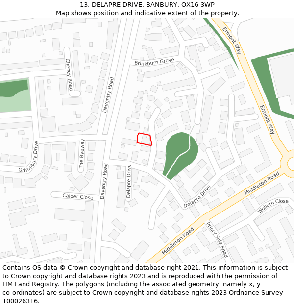 13, DELAPRE DRIVE, BANBURY, OX16 3WP: Location map and indicative extent of plot