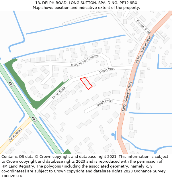 13, DELPH ROAD, LONG SUTTON, SPALDING, PE12 9BX: Location map and indicative extent of plot